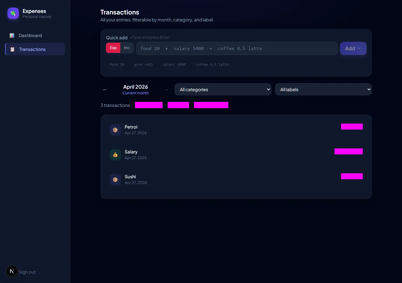 Desktop transactions page with filter bar