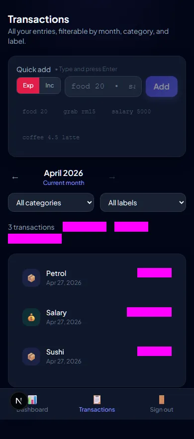 Mobile transactions page